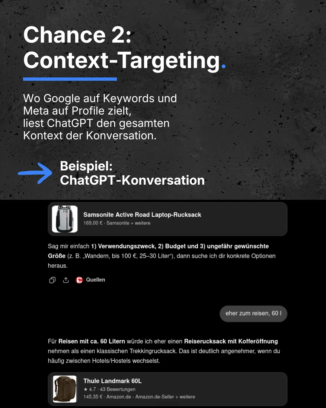 Context-Targeting in ChatGPT Ads: Sponsored-Anzeige erscheint passend zur Konversation, hier am Beispiel Zierrasen-Pflege