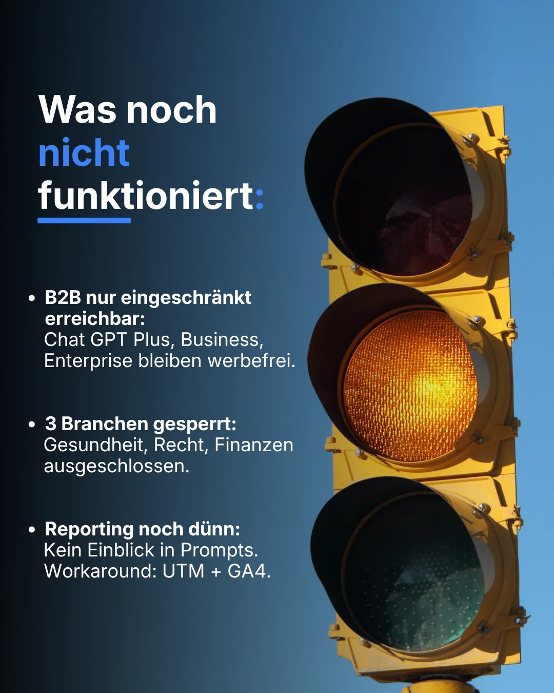 Einschr&auml;nkungen von ChatGPT Ads: B2B eingeschr&auml;nkt, gesperrte Branchen (Gesundheit, Recht, Finanzen) und d&uuml;nnes Reporting