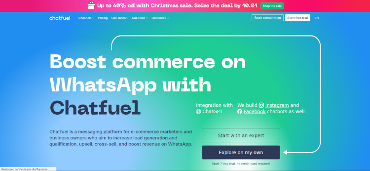 Webseite von Chatfuel mit dem Titel 'Boost commerce on WhatsApp with Chatfuel'