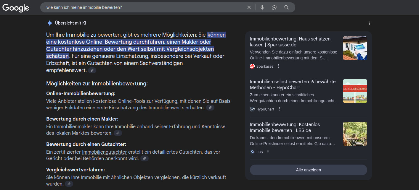 Beispiel einer KI-gest&uuml;tzten Suchmaschinenansicht