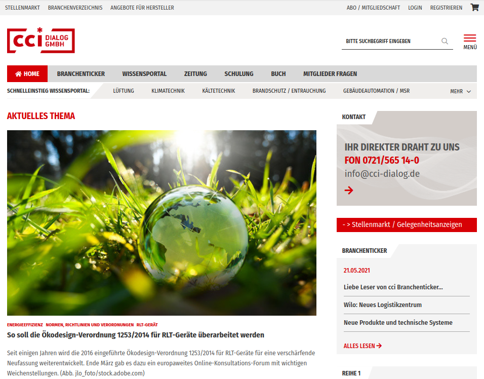 Website der CCI Dialog GmbH mit Hauptmen&uuml;, Kontaktinformationen und Artikel &uuml;ber die &Uuml;berarbeitung der &Ouml;kodesign-Verordnung f&uuml;r RLT-Ger&auml;te.