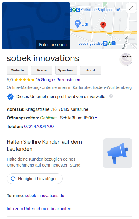 Google Maps-Ansicht mit Unternehmensprofil von sobek innovations in Karlsruhe, einschlie&szlig;lich Adresse, Bewertungen, &Ouml;ffnungszeiten und Kontaktinformationen.