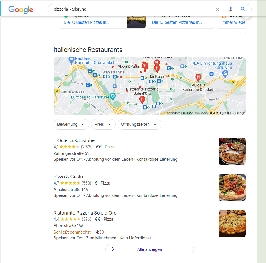 Google-Suchergebnis f&uuml;r pizzeria karlsruhe mit einer Karte und einer Liste von italienischen Restaurants in Karlsruhe.