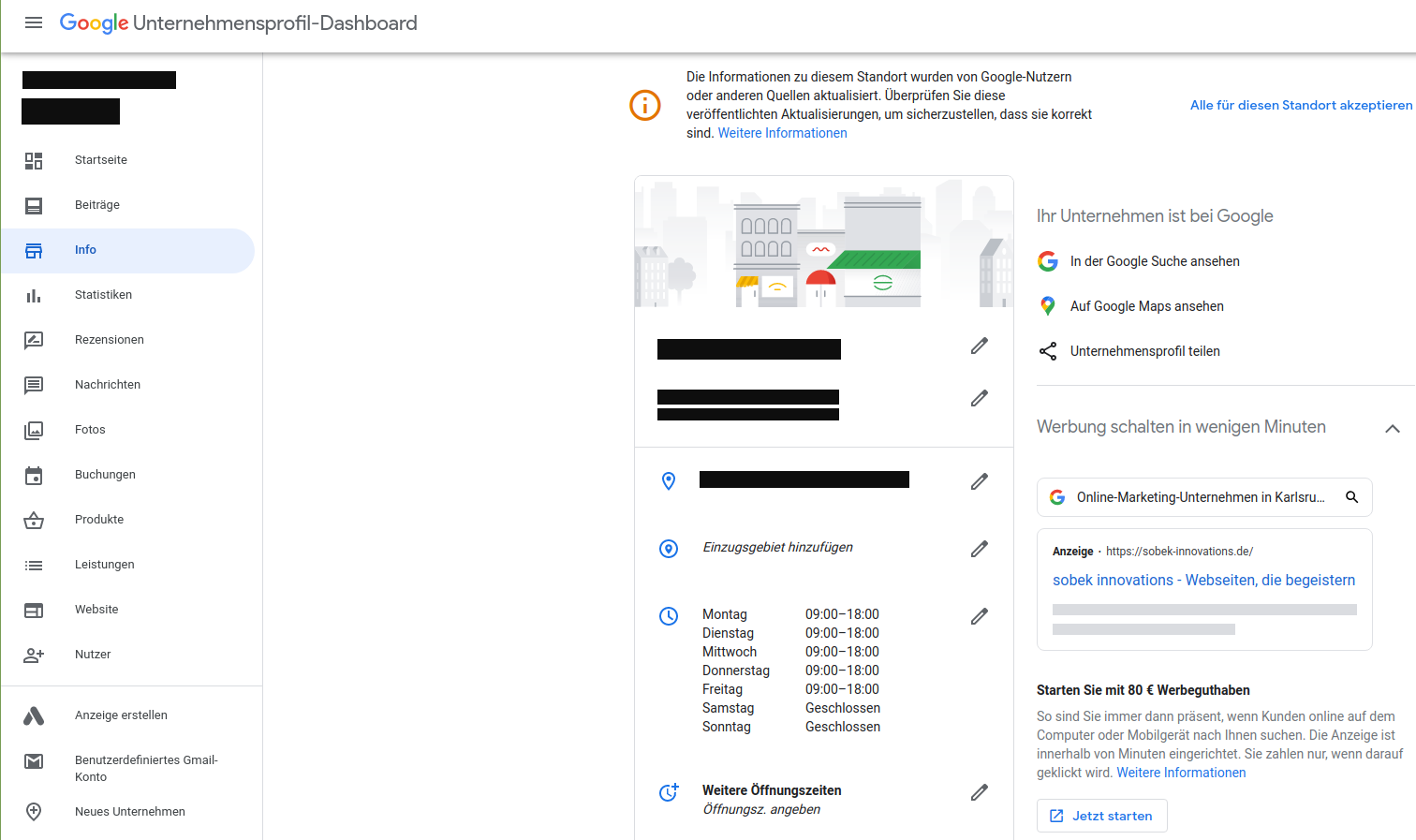 Das Bild zeigt das Google Unternehmensprofil-Dashboard mit Informationen zu &Ouml;ffnungszeiten, Standort, Werbungsm&ouml;glichkeiten und Men&uuml;optionen wie Info, Statistiken und Rezensionen.