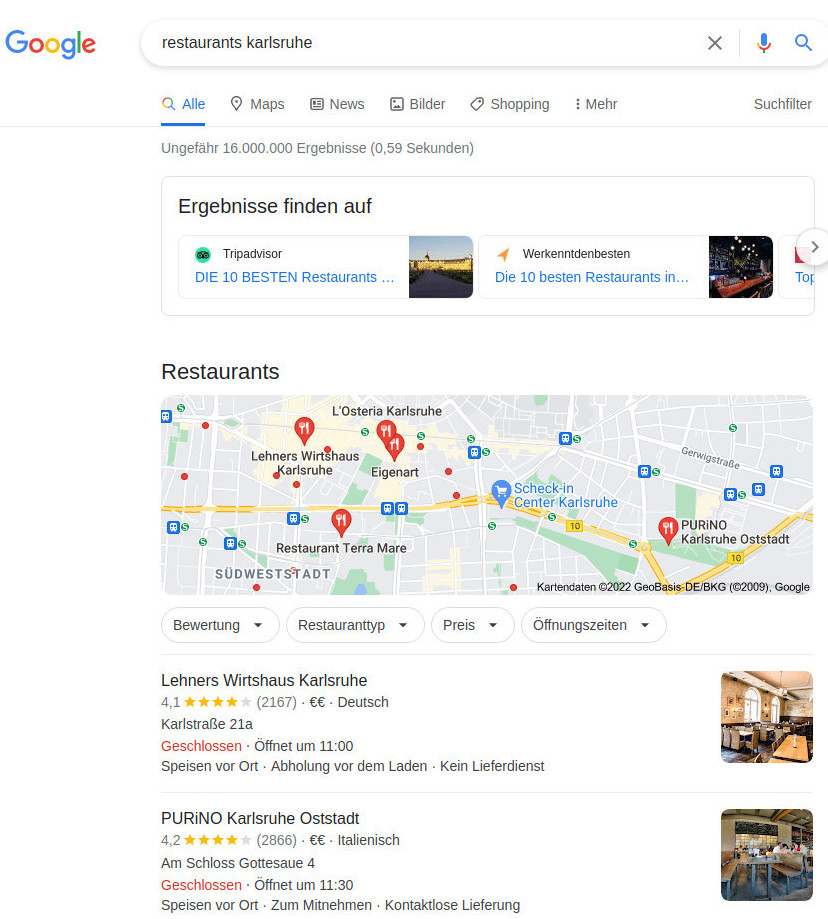 Google-Suchergebnisse f&uuml;r restaurants karlsruhe mit Karte und Listen von Restaurants.