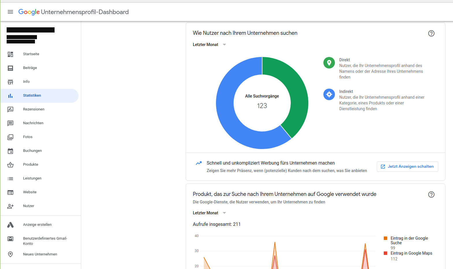 Das Bild zeigt das Google Unternehmensprofil-Dashboard mit Statistiken &uuml;ber Suchvorg&auml;nge, direkte und indirekte Nutzer sowie Aufrufzahlen f&uuml;r Google Suche und Google Maps im letzten Monat.