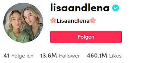 Profilbild von Lisaandlena mit zwei Personen, 13,6 Millionen Followern und 460,1 Millionen Likes.