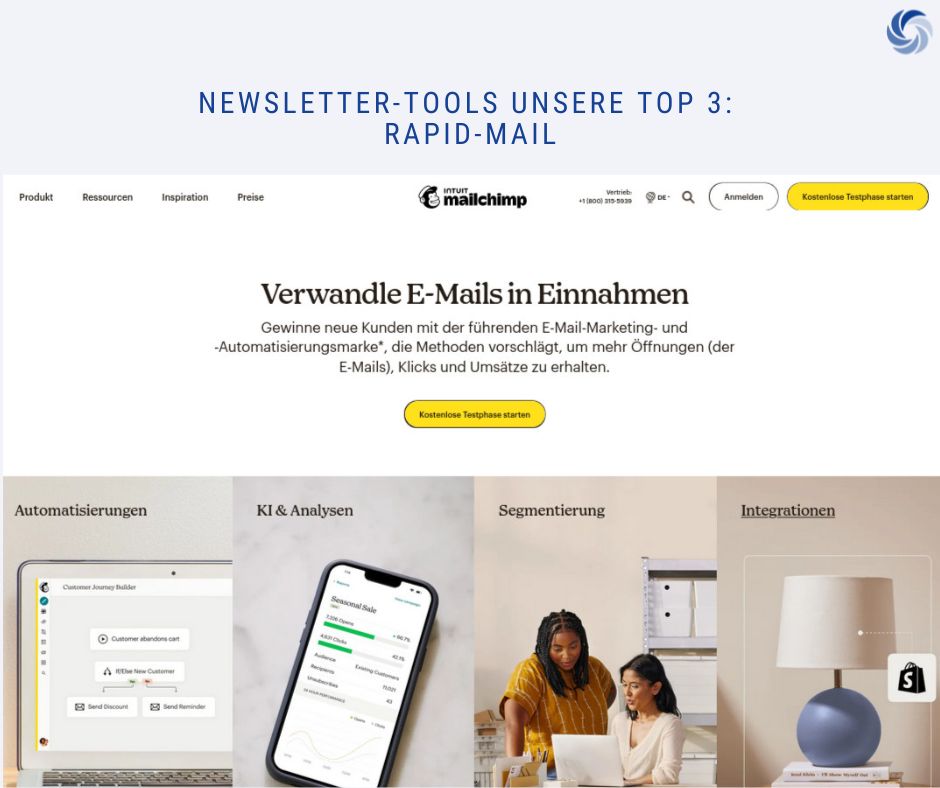 Webseite von Mailchimp mit dem Titel 'Newsletter-Tools Unsere Top 3: MailChimp'