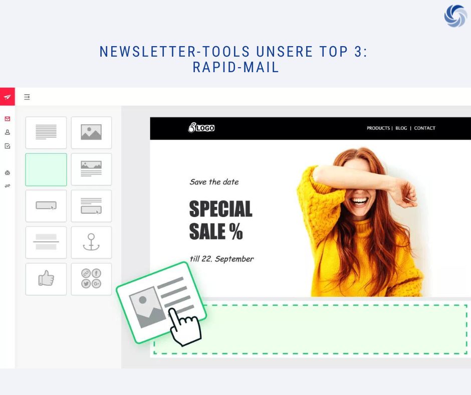 Screenshot eines Newsletter-Tools mit dem Titel 'Newsletter-Tools Unsere Top 3: Rapid-Mail'
