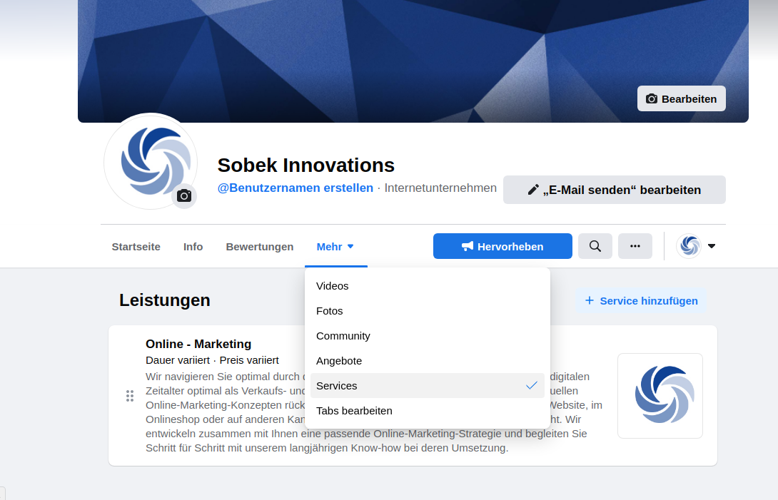 Das Bild zeigt den Profilbereich von Sobek Innovations auf einer Plattform mit Optionen wie Leistungen, Videos, Fotos, Community, Angebote, Services und Tabs bearbeiten.