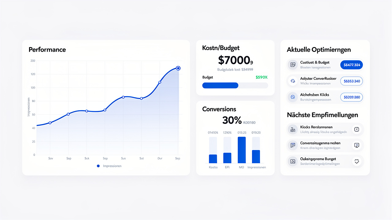 Abstraktes Reporting-Visual mit Charts, Budget- und Conversion-Karten sowie Ma&szlig;nahmenlisten